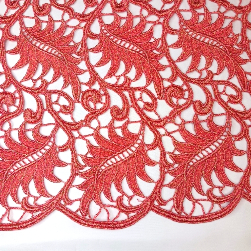 Heavy Coral with Gold Fleck Scalloped Lace Leaf Fabric.